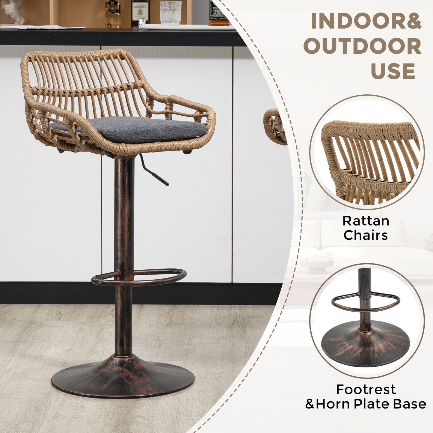 Modern Swivel Bar Stools Set Of 2 Adjustable Counter Height Chairs With Footrest For Kitchen, Dining Room  Gray