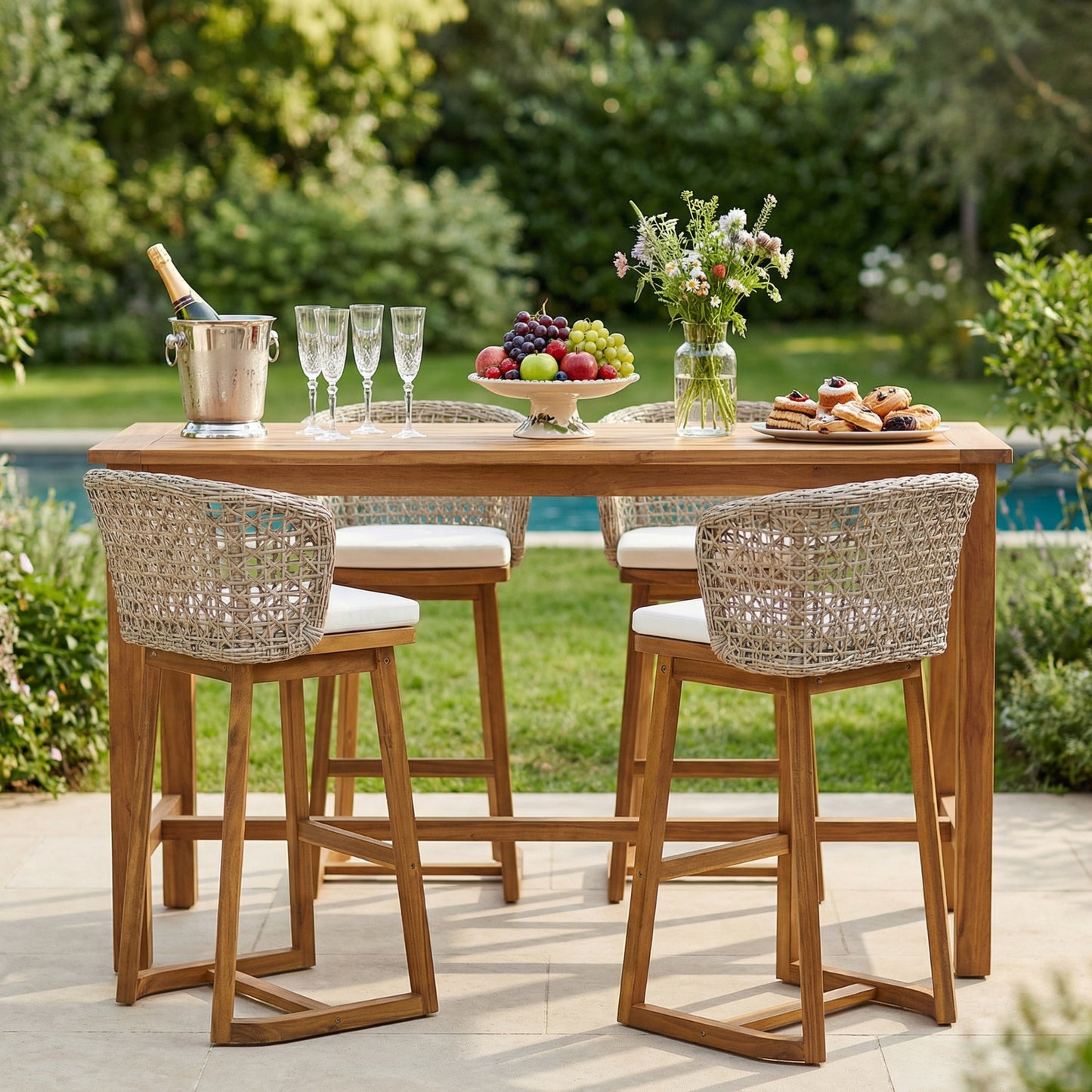 Outdoor Acacia Wood Bar Stools  4 PCS , Teak Finish Bar Height Chairs With Beige Cushion & Light Brown Wicker Back, Counter Height Stools For Patio, Poolside, Kitchen Island
