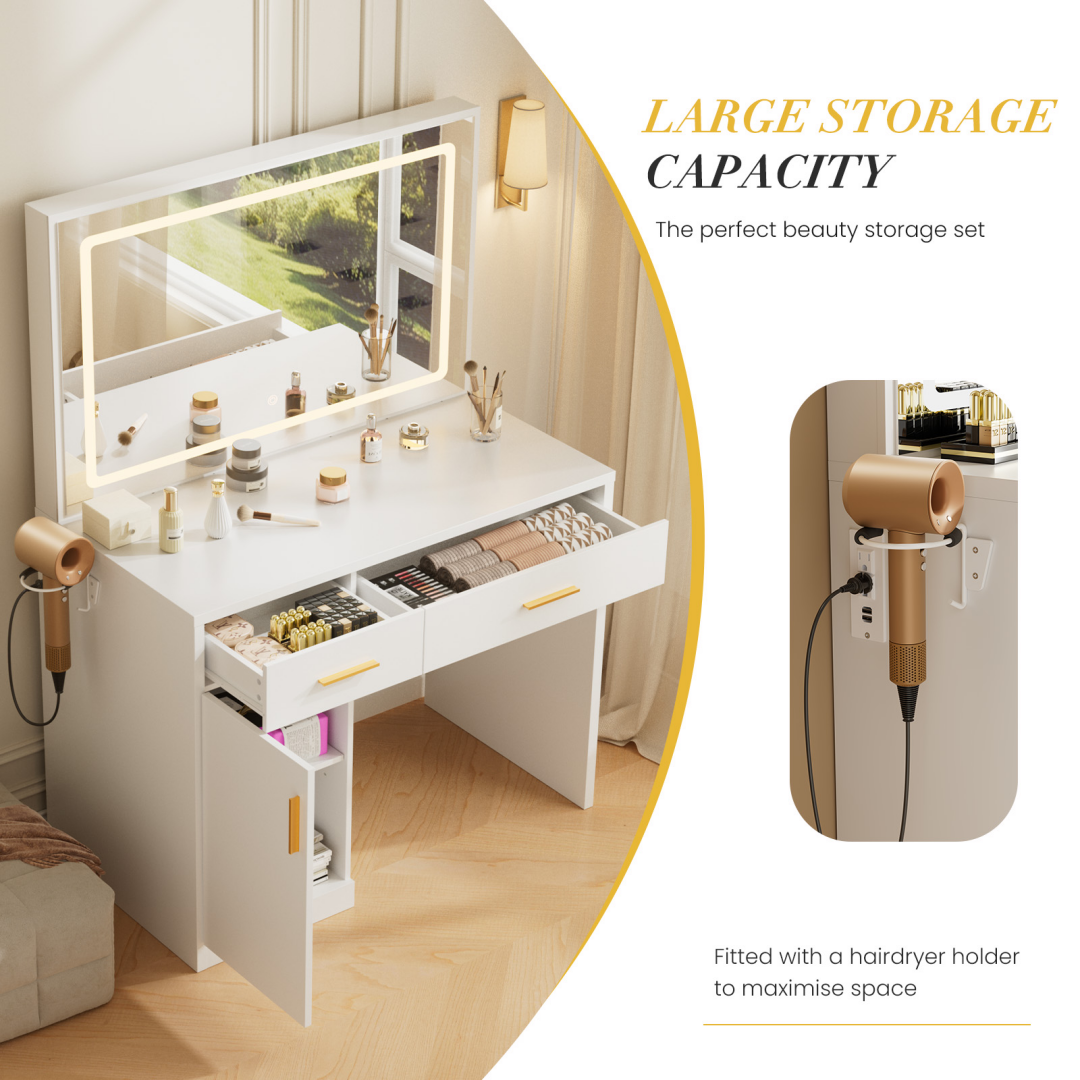 Mirror And Lights, Makeup Vanity Table With Charging Station , 2 Drawers & Large Cabinet, 3 Lighting Color Adjustable, Dressing Table
