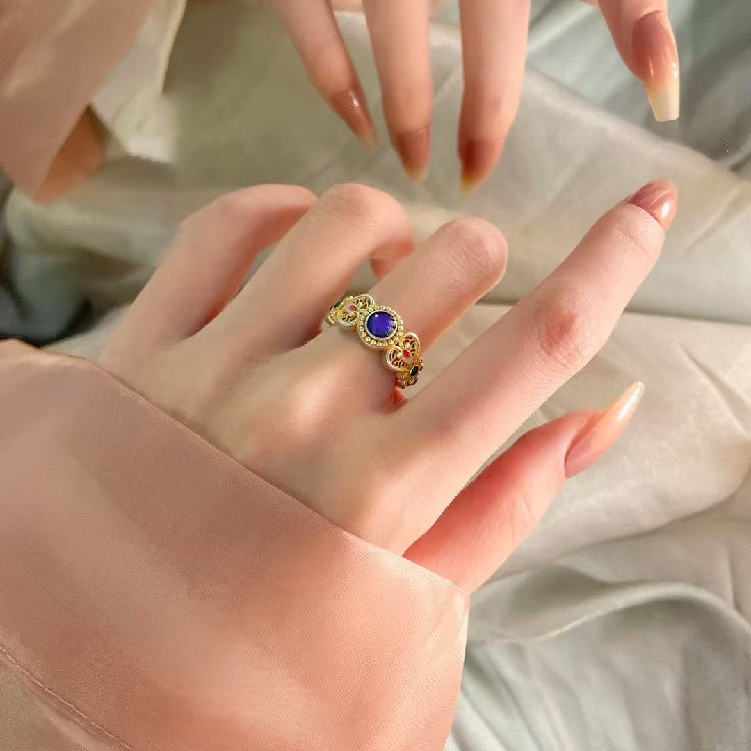 1pcs 999.9 Sterling Silver Gold-Plated Enamel Floral Ring, Luxury Retro Style, Ideal For Birthdays & Holiday Gifts