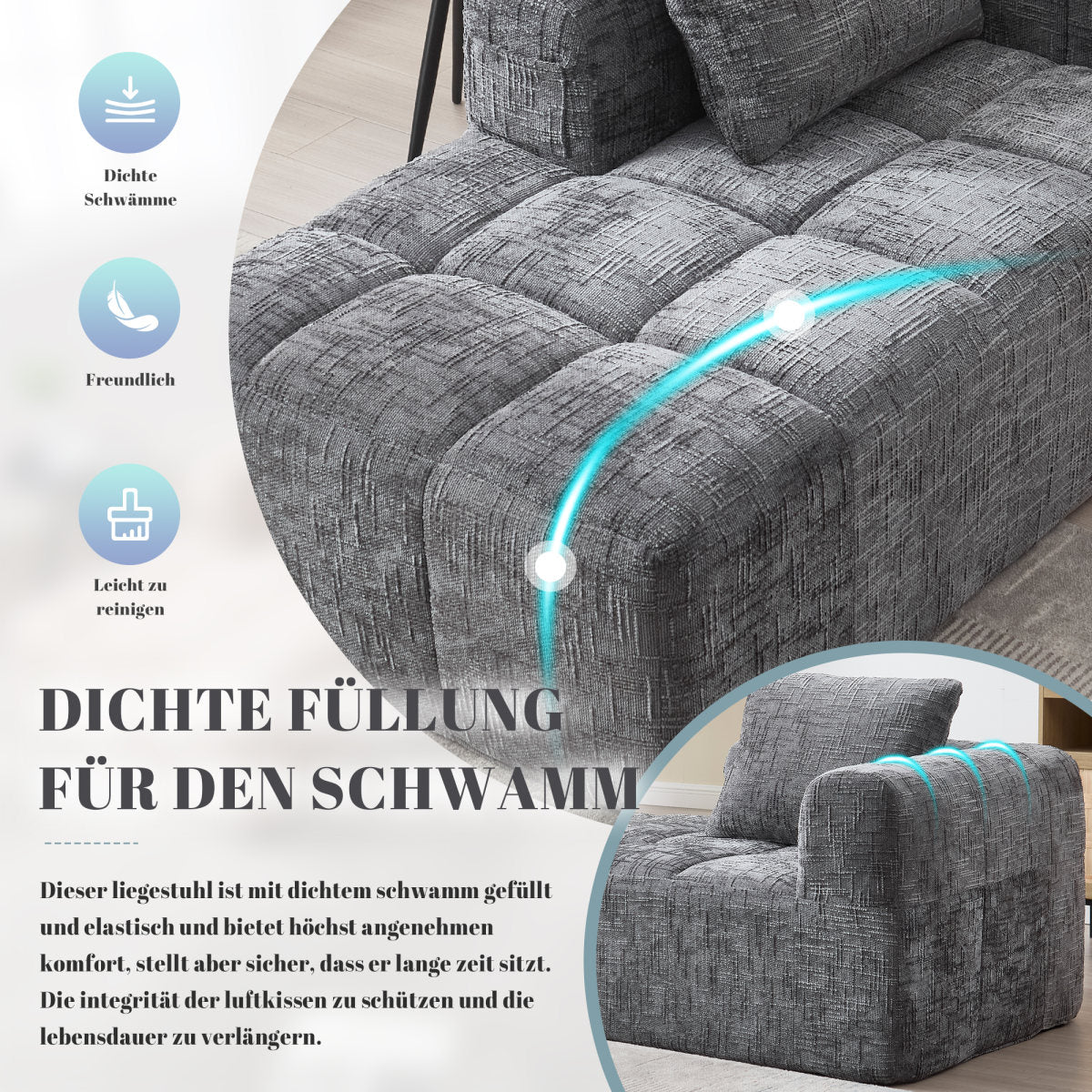 Comfortable Chaise Longue Sofa, No Assembly Required, Soft Sofa With Cushions, Side Pockets For Remote Control And Mobile Phone, Neat And Stylish,Grey