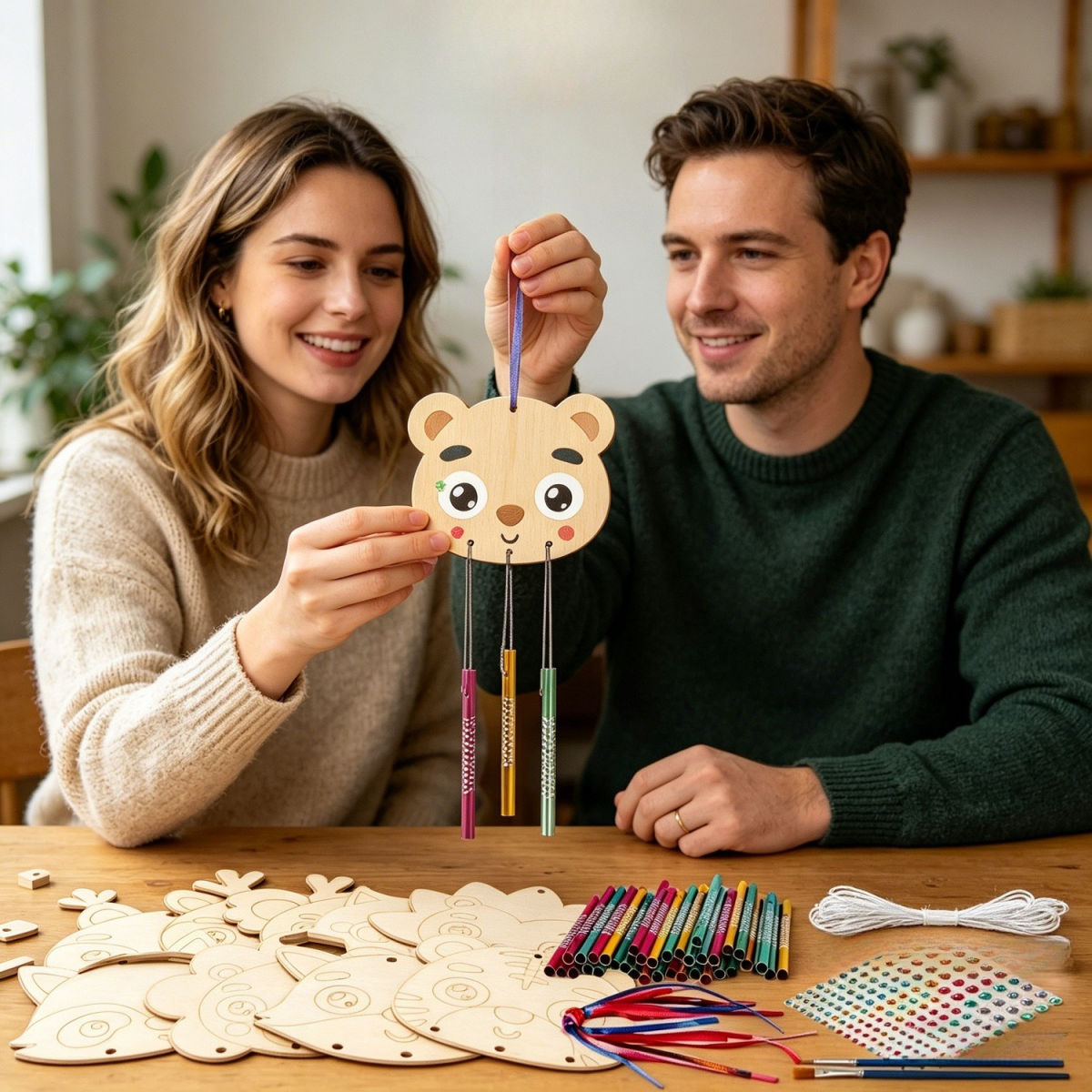 47-Piece DIY Fall Wind Chime Craft Kit With 9 Wooden Animals, 27 Tubes, A Paintbrush, And Accessories For Fall Decor And Party Supplies