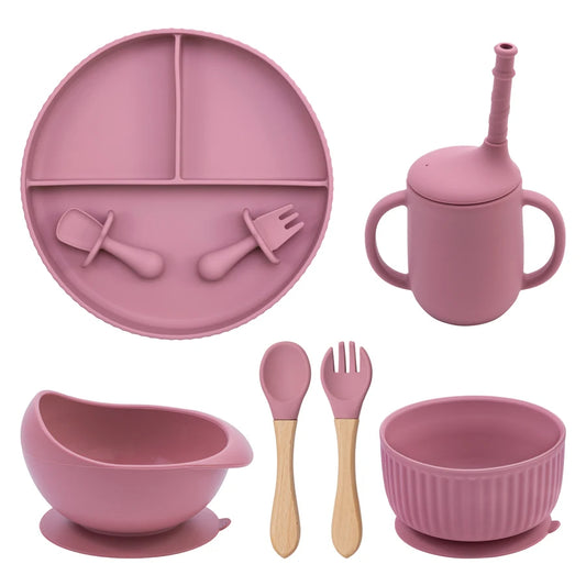 Baby Silicone Cookware Feeding Plate Bowl Set Non-Slip Suction Food Dishes Drinking Cup BPA Free Fork Spoon Children's Tableware