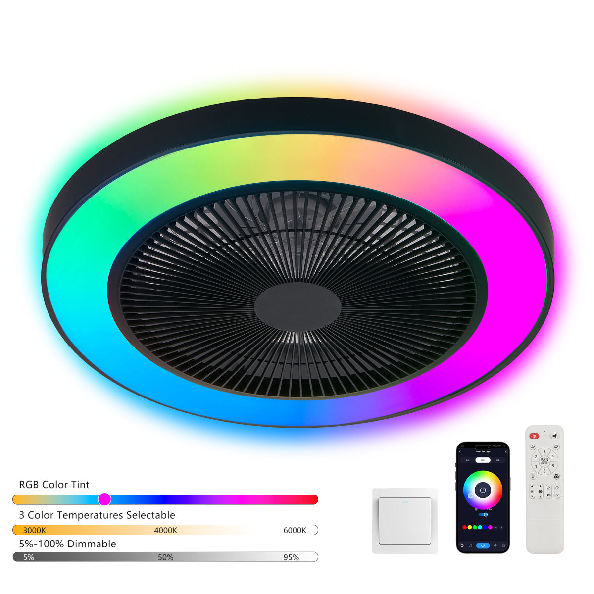 19-inch Black Ceiling Fan Light With LED RGB  Dimmable & Color-Changing, APP & Remote Control, Modern Smart Ceiling Fan For Living Room, Bedroom, And Dining Room Silent 6-Speed Reversible DC Motor