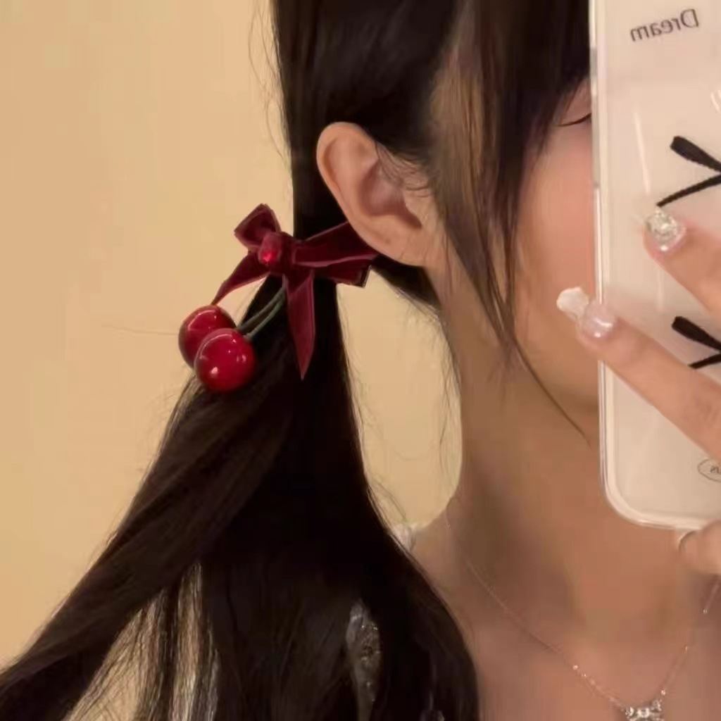 New Year Red Cherry Hair Accessories Velvet Bow