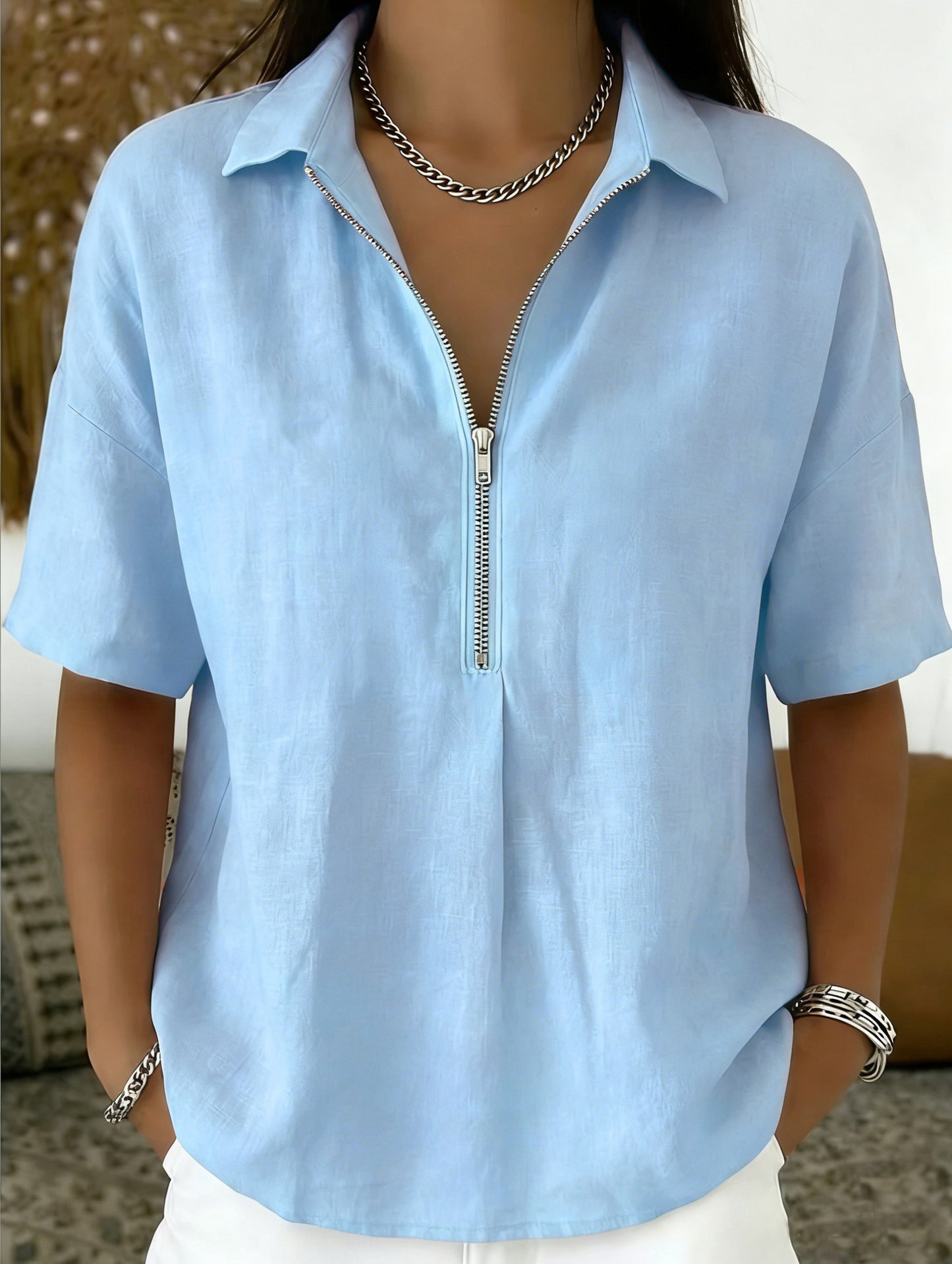 Womens Fashion Solid-color Zip-up Short-sleeve T-shirt