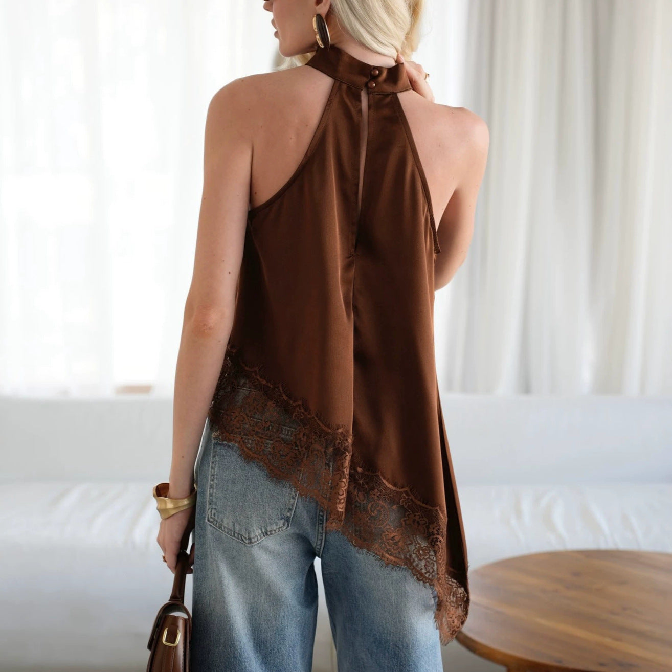 Womens New Summer Asymmetric Hem Loose-Fit Patchwork Top
