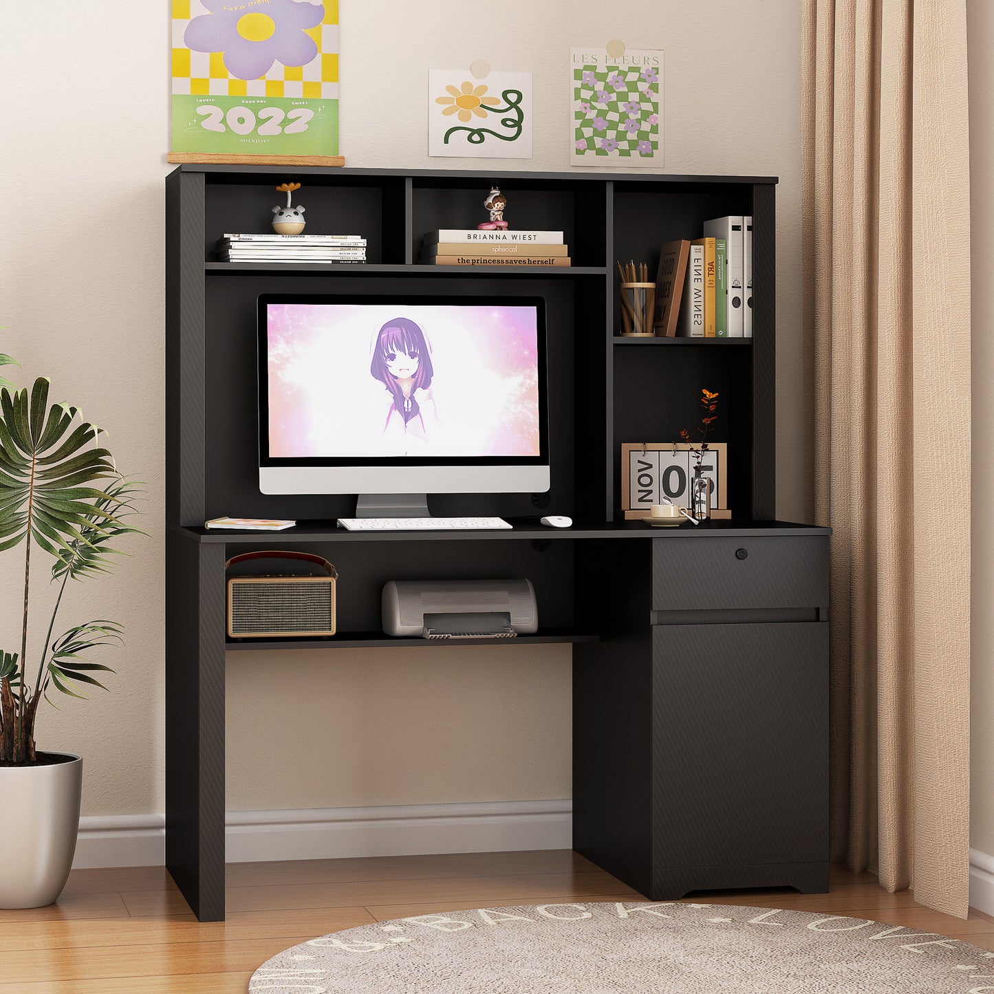 Computer Desk With Hutch & Bookshelf,Wood Executive Desk Teens Student Desk Writing Laptop Home Office Desk With Drawers,3 AC Outlets And 2 USB Charging Ports,Study Laptop Table For Home