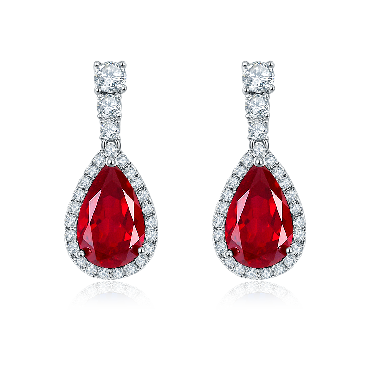 S925 Sterling Silver Teardrop Dangle Earrings, 7x11mm Lab-Grown Ruby Sapphire Emerald With Halo, Platinum Plated 3.2g Women's Jewelry Gift Box