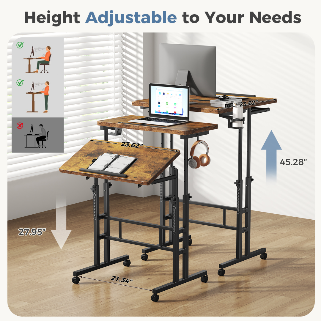 Separate-top Rotating Standing Desk, Manually Adjustable-height Wheeled Mobile Worktable, Sit-stand Dual-purpose Office Desk
