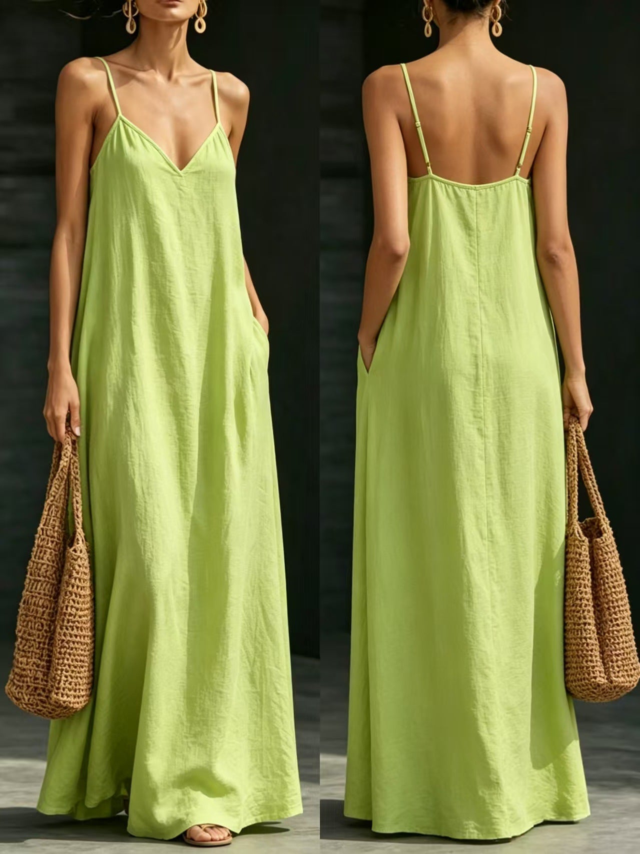 Summer V-Neck Spaghetti Strap Flowy Maxi Dress - Casual Fashion Solid Color Long Dress For Women Vaction Dress
