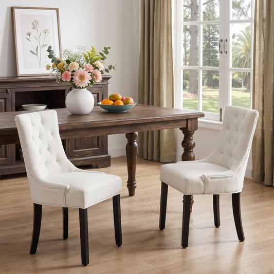 Modern Tufted Dining Chair, Linen Upholstery Chair with Solid Wood Legs, Buttonless Deep Tufted Back Armchair for Dining Room, Kitchen and Living Room, Set of 2 (Beige)