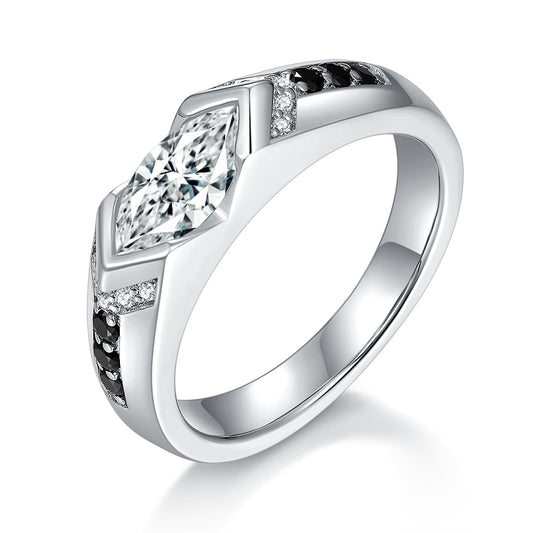 S925 Sterling Silver 1ct Marquise Moissanite Men's Ring, Geometric Silver With Black Accents, Platinum Plated, US Sizes 5-9, GRA Certificate Gift Box