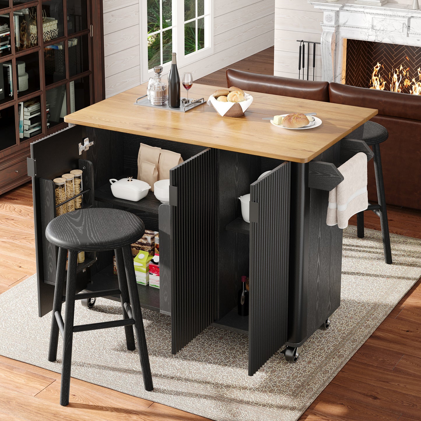 Kitchen Island, Dining Car With Wood Grain, Buffet, 130x45 X92cm, Pull-out Kitchen Trolley On Wheels With Towel Rail, Spice Rack, Dividers Adjustable, 3 Doors, White Black