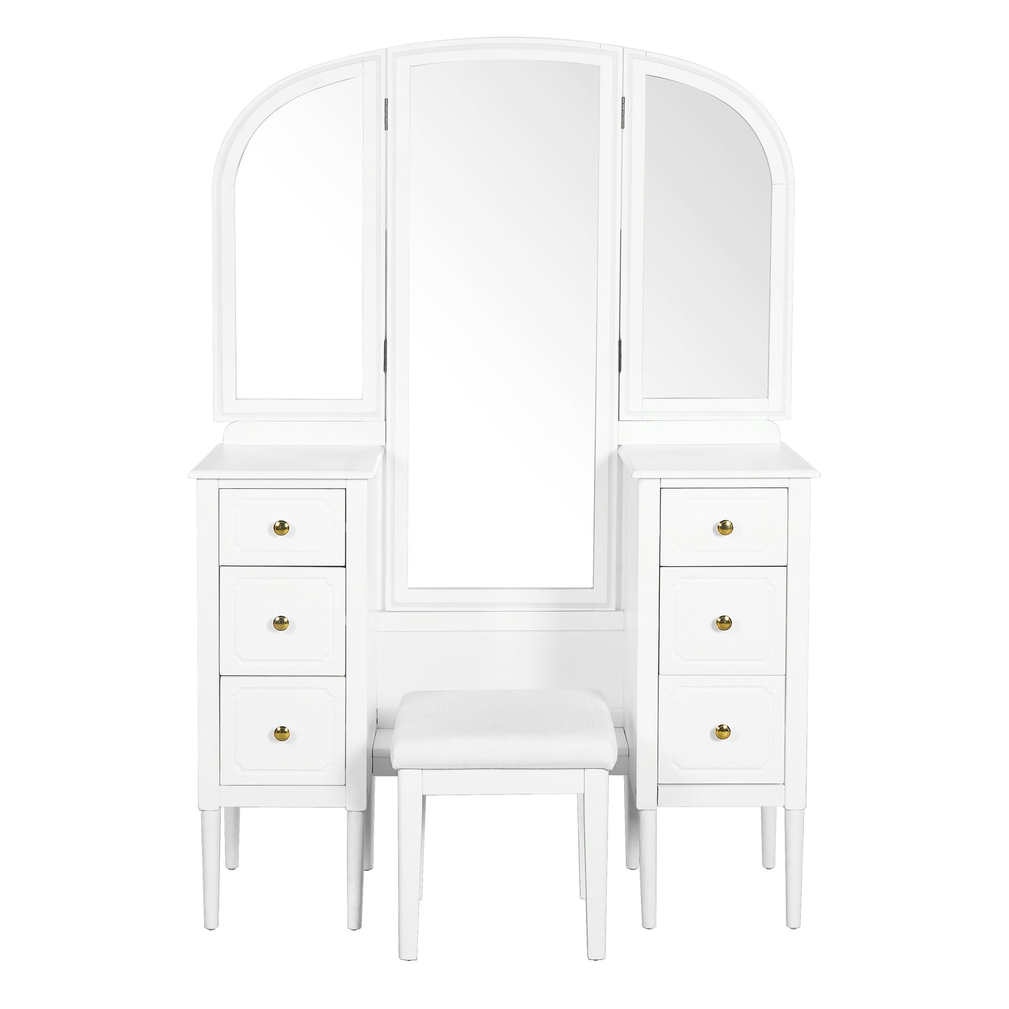 Antique Makeup Vanity Desk With Triple Mirror, 6-Drawer Dressing Table Set Including Stool, Full Length Mirror For Bedroom Dressing Room, White