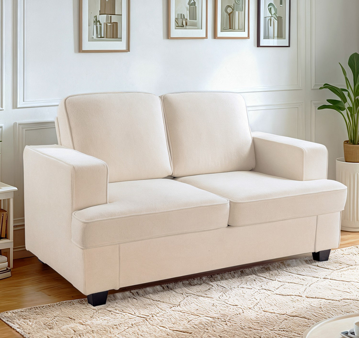 Modern Velvet Loveseat, Comfortable 2 Seater Couch With Deep Seating And High-Density Foam, Loose Back Cushions, Wide Arms, Living Room Furniture For Home, Apartment, Office, Ivory