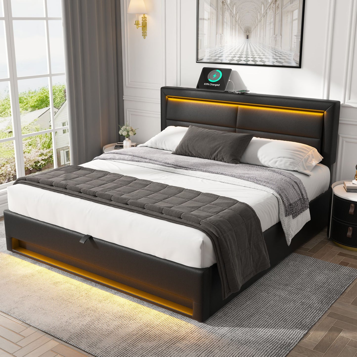 Upholstered Bed 140 X 200 Cm, With USB Port  Supports Wireless And Wired Charging , With LED Lighting And Storage, Without Mattress, PU Lychee Pattern, Black OLD SKU 3252978AAS