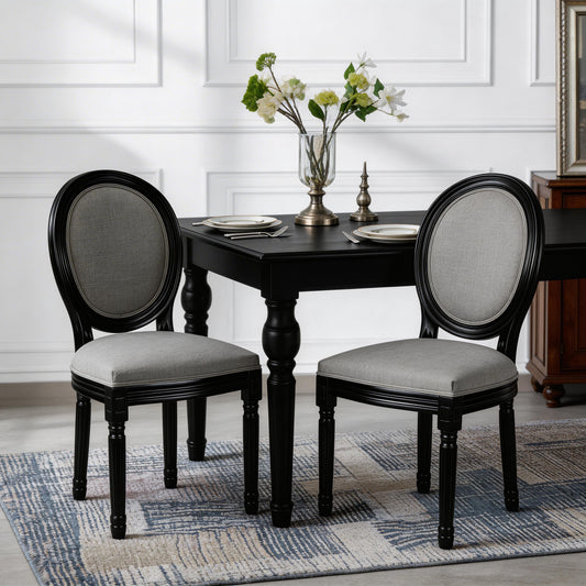 French Country Dining Chairs Set Of 2, Upholstered Chairs With Sponge Round Back , For Living Room, Kitchen , Restaurant Use, Black Solid Wood Frame,Light  Grey Fabric