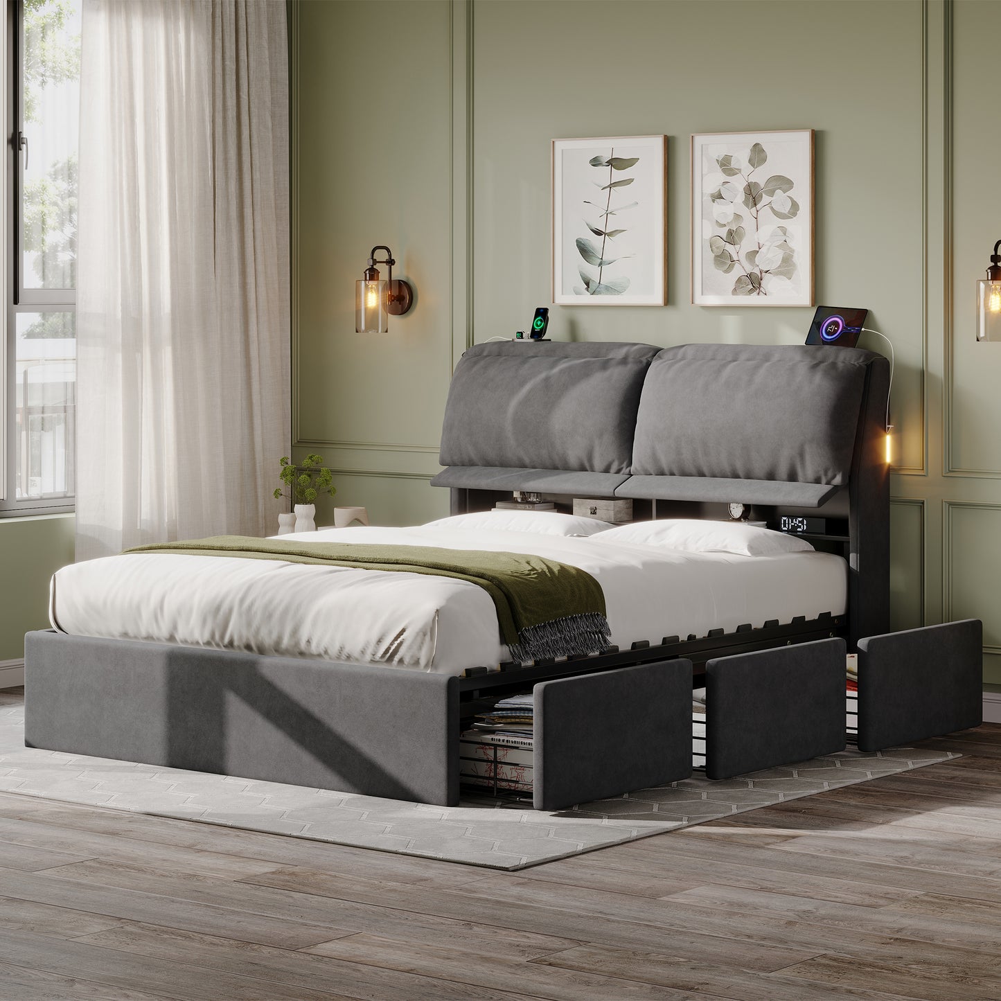 5ft King Bed With Hydraulic Storage, Velvet Upholstered Bed With Headboard Flip-top Storage And Drawers, Back Cushion Headboard With Charging Station And LED Night Light, Grey  No Mattress