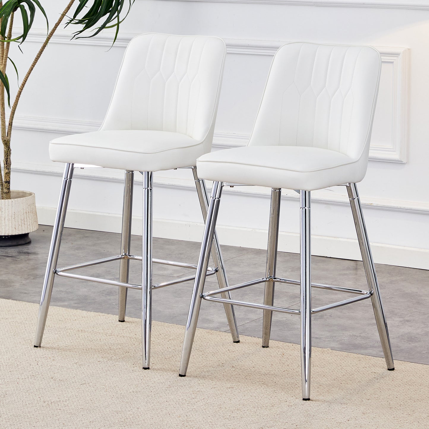 Set Of 2 Bar Stools, 100 Cm High, White PU Leather With Silver-coloured Metal Frame And Comfortable Footrest. Available In Several Colours - The Ideal Choice For Your Home Bar.
