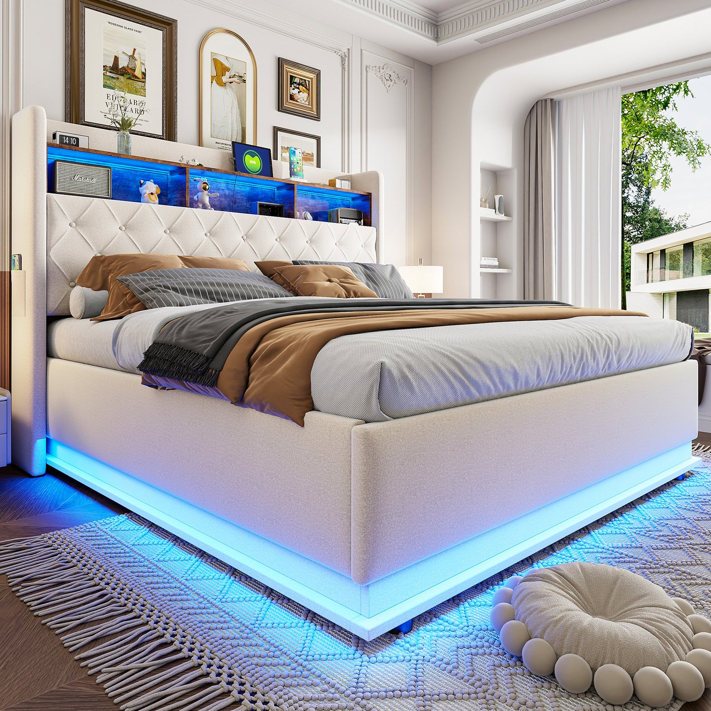 LED Upholstered Bed 180 X 200 Cm, Upholstered Storage Bed With USB Charging Port And Hydraulic Storage, Skin-friendly Linen Fabric, Beige