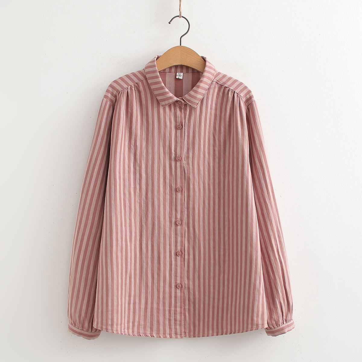 Korean-style Striped Cotton-linen Single-breasted Long-sleeve Shirt For Women