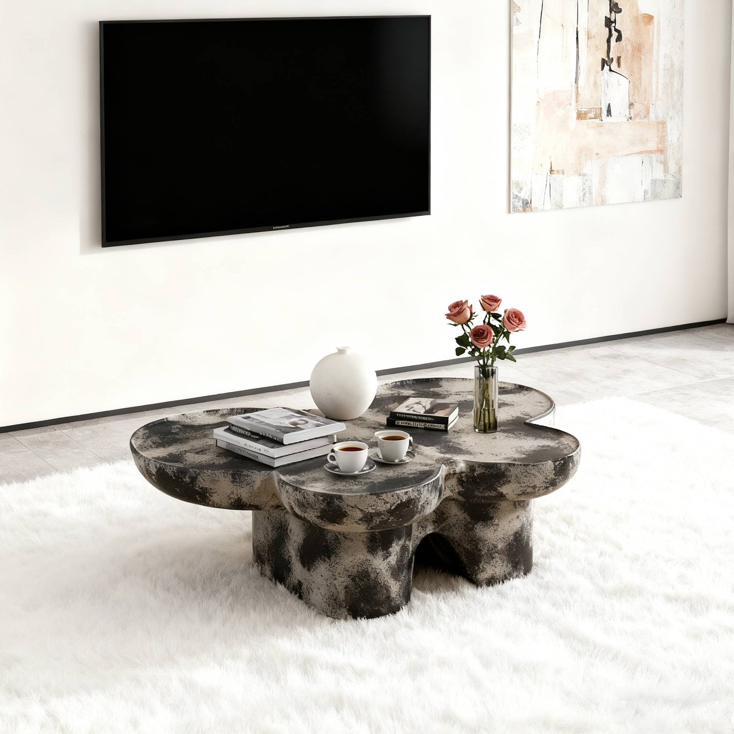 Butterfly Design Style, Coffee Table, Imitation Natural Limestone Material, Suitable For Living Room Office, Fiberglass, Black And Beige Combination.