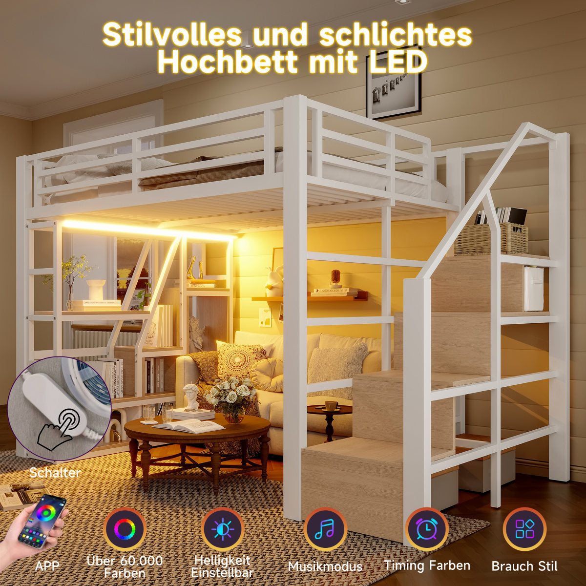 Loft Bed, 140 X 200 Cm, Iron Frame, Storage Compartment, Integrated Steps, Safety Railing, Ladder, With LED Light Strip, Open Storage Space Under The Bed, Mattress Not Included, White