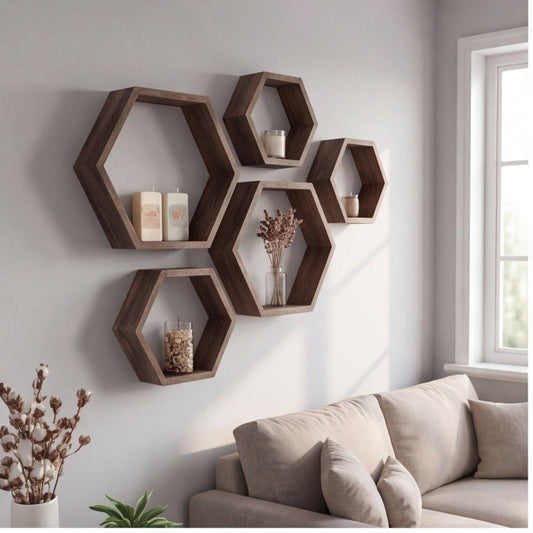 Set Of 5 Walnut Hexagon Shelves, Floating Wall Shelves For Living Room Organization – Party Accessories Set