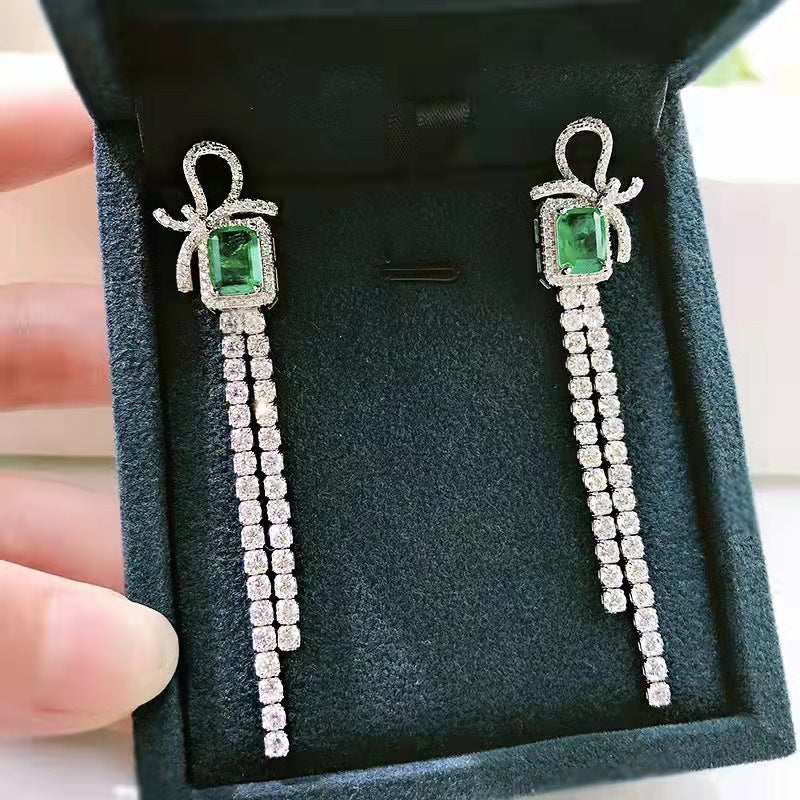 S925 Sterling Silver Bow Tassel Dangle Earrings, 8x6mm Lab-Grown Ruby & Emerald, Platinum Plated 8.1g Women's Luxury Jewelry Gift Box