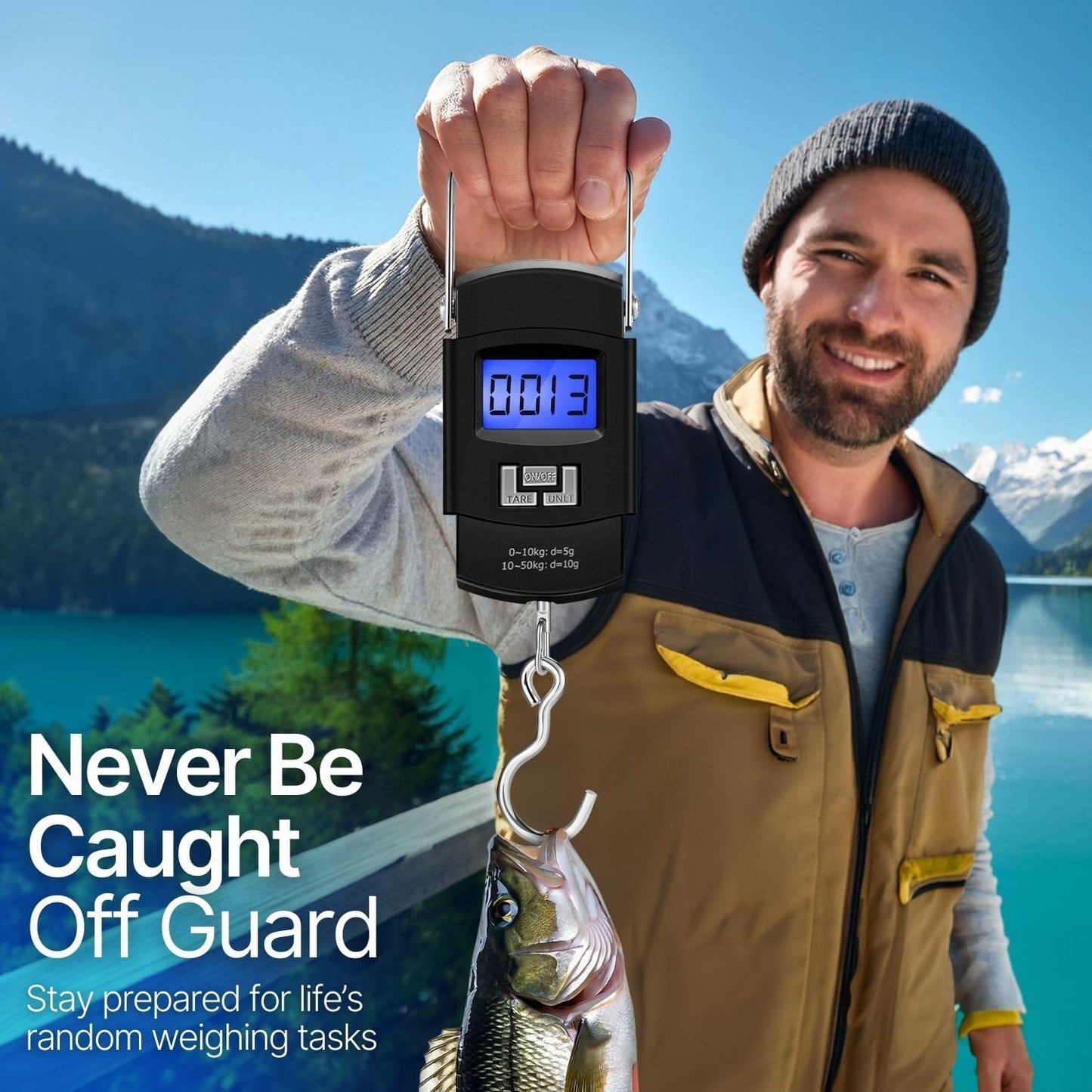 Digital Hanging Scale 110lb 50kg Portable Luggage Fish Scale With Tare, Backlit LCD, Steel Hook, Tape, Multi Unit Kg Lb Oz Jin, Batteries Included. Great For Travel, Fishing, Home, Farm, Hunting