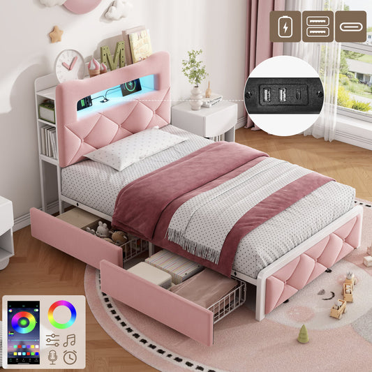 3ft Single Upholstered Bed With LED Button Tufted Bedside Storage Headboard, Velvet Bed Frame With 2 Storage Drawers, USB And Type - C Ports, No Box Spring Needed, Easy Assembly, Pink  No Mattress