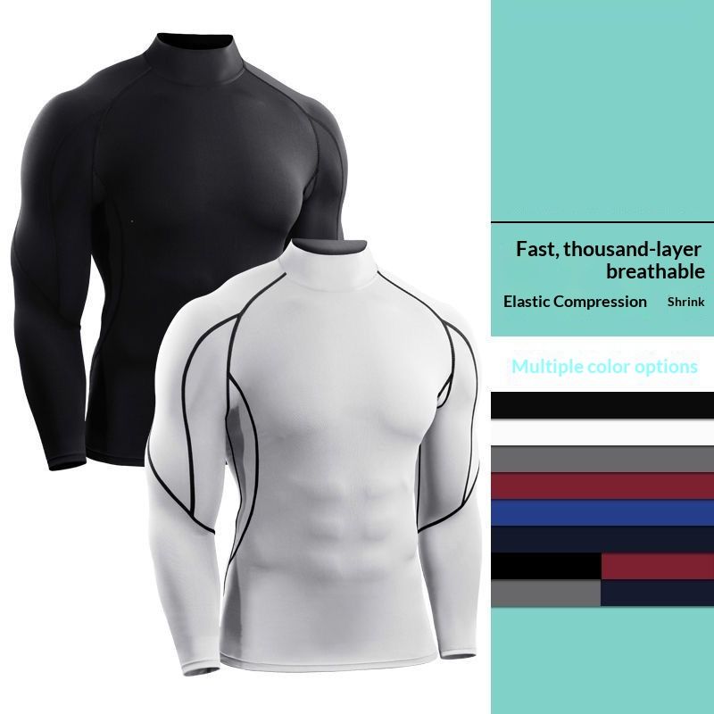 Turtleneck Fitness Top Muscle-fit Long-sleeve Compression Shirt Mens Quick-dry Running Sweatwear