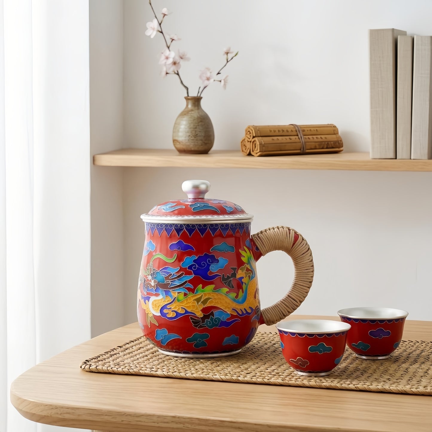 Pure 999 Fine Silver Handcrafted Red Cloisonné Enamel Dragon Tea Mug with Woven Handle and Matching Lid - Handicraft