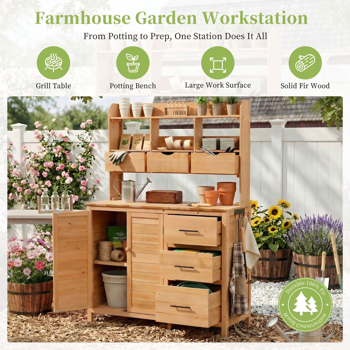 With Assembly Video  TOPMAx Farmhouse Patio Potting Bench  44.6 X19.5  Large Freestanding Garden Workstation With 6 Drawers  Bottom Cabinet And Side Hook  Outdoor Kitchen Island  Natural Wood