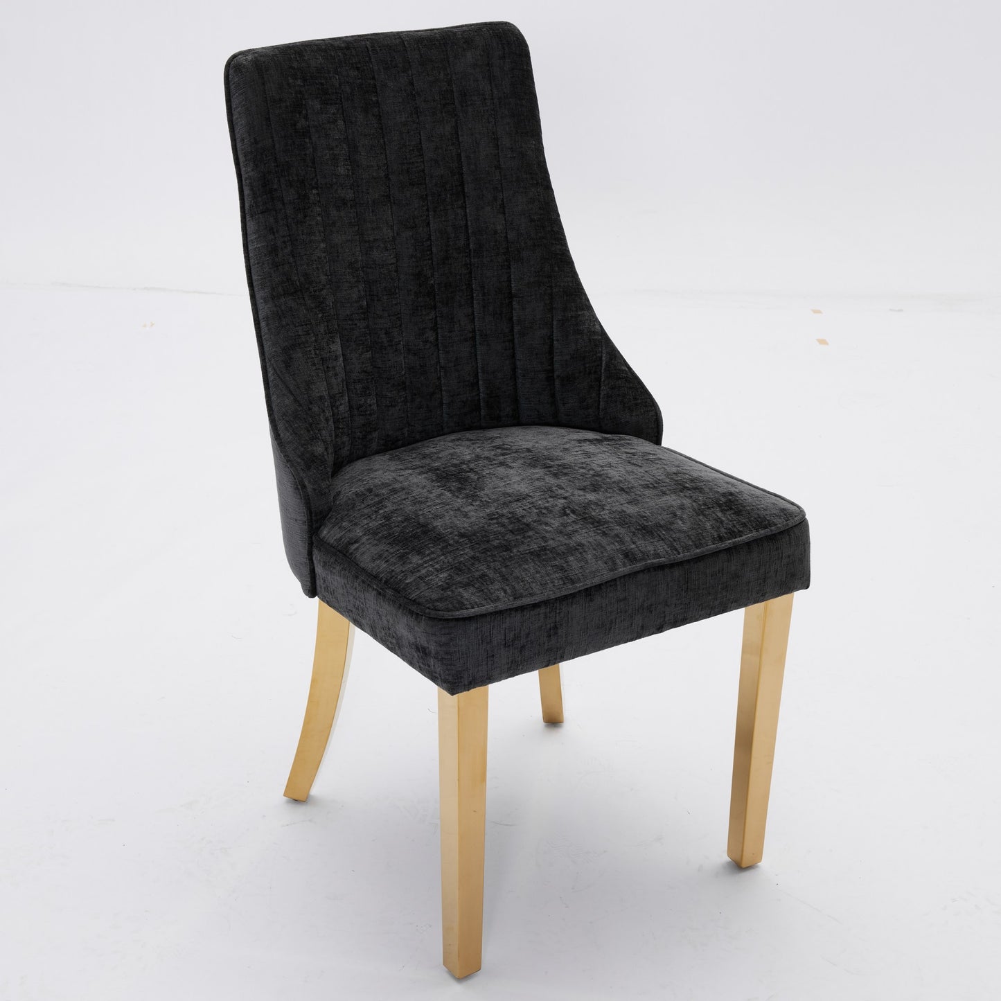 Rayon Cloth Flocking Chenille Dining Chairs Channel Kitchen Dinner Chair Comfy Fabric Upholstered Accent Chair For Dining Room With Golden Stainless Steel Plating Legs,Set Of 2  Black , DE1647BK