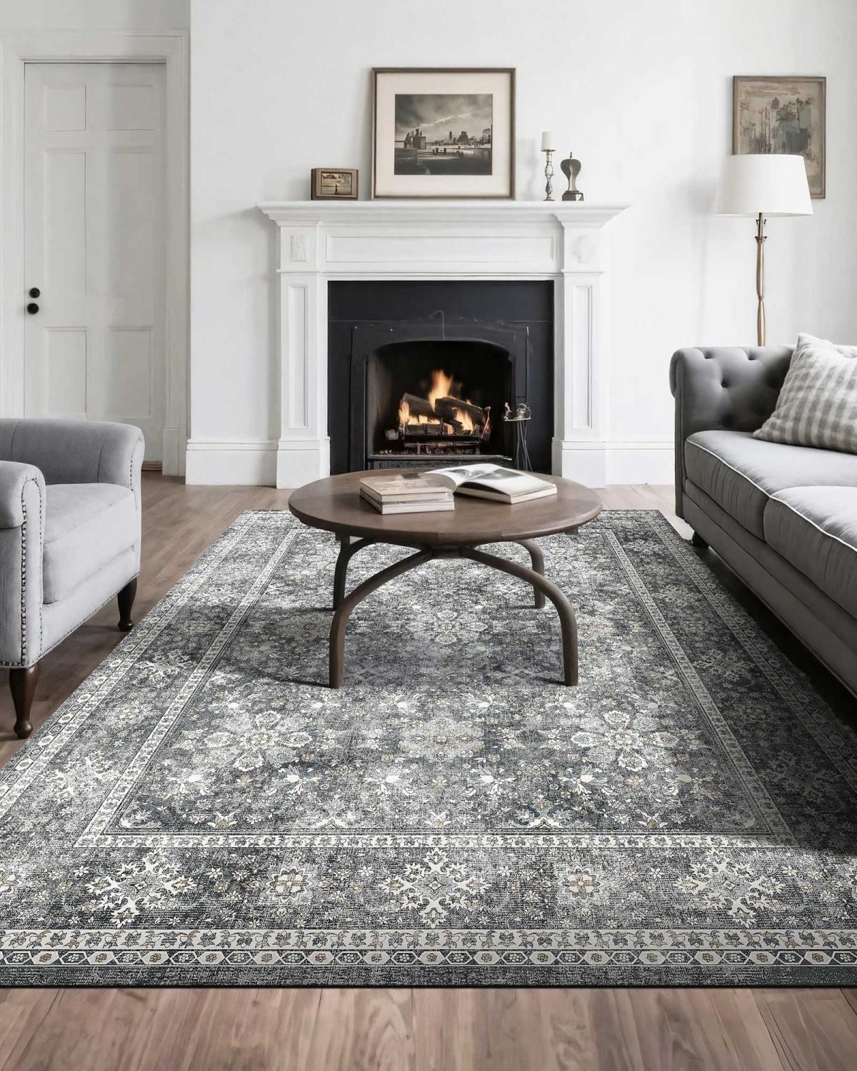 Area Rug, 8 X 10 Ft Large Washable Rug, Non-Slip And Tear-Resistant Soft Carpet, Pet & Child Friendly Vintage Area Rugs, Indoor Mat For Bedroom, Living Room, Kids Room, Entryway, Office, Gray