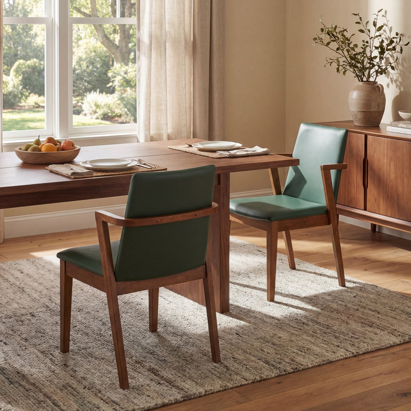 Mid-Century Modern Dining Chairs Set Of 2 - Green PU Upholstered Armchairs With Walnut Color Rubber Wood Frame, 250lbs Capacity For Kitchen & Dining Room