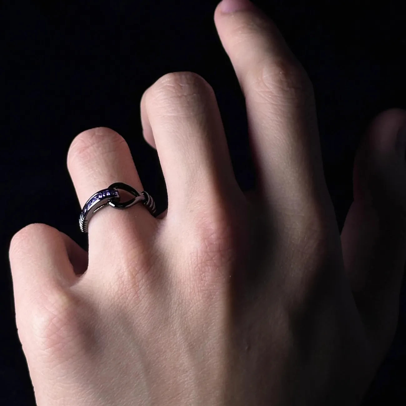 1pcs Black Knot Wrapped Purple Crystal Adjustable Open Ring, Dark Cool Trendy Style, For Men Women Daily Party Wear & Couple Valentine Gifts