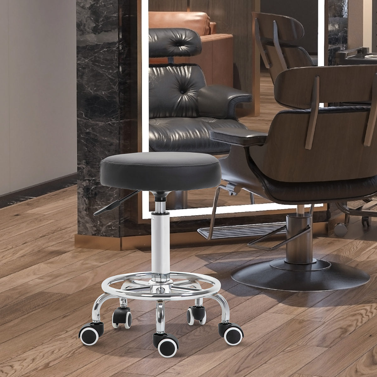 Vinsetto Round Rolling Stool, PU Leather Height Adjustable Stool Chair With Wheels And Swivel Seat For Salon, Massage, Spa, Home Kitchen, Black
