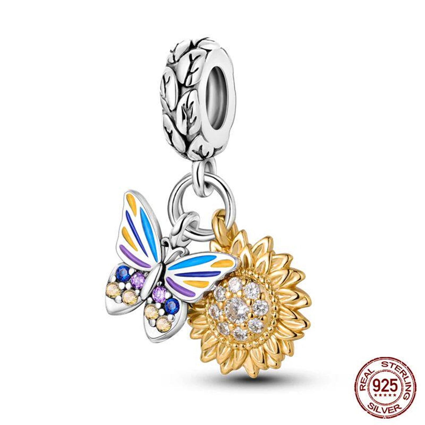 New 925 Sterling Silver Fashion Golden Sunflowers Heart