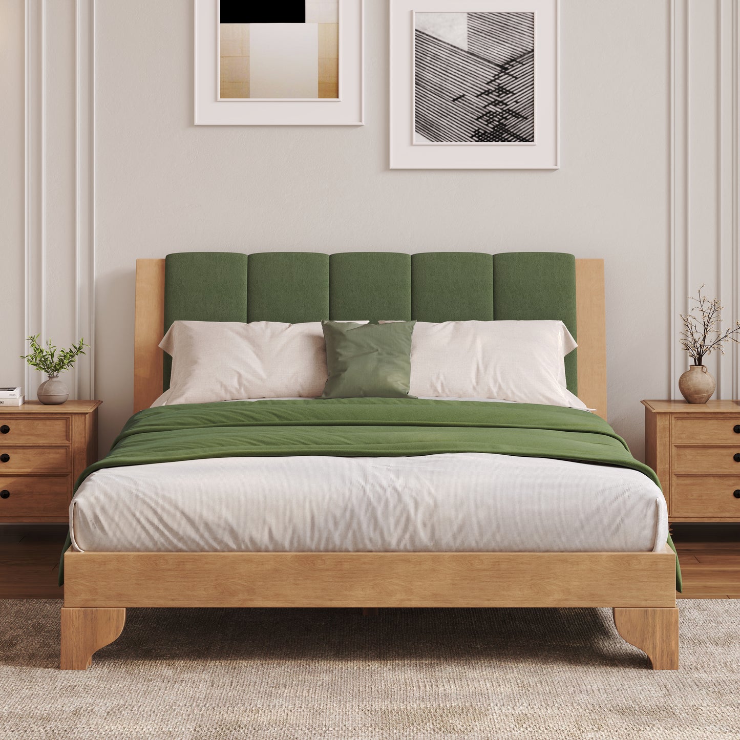 Premium Pine Wood Queen Bed Frame,Queen Size Bed Frame With Headboard Included,Mid Century Modern Bed,Natural&Green Color