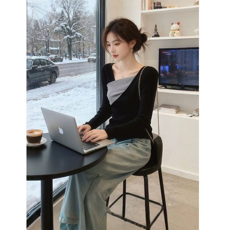 Korean-style Irregular Color-Block Patchwork Long-Sleeve Top For Women