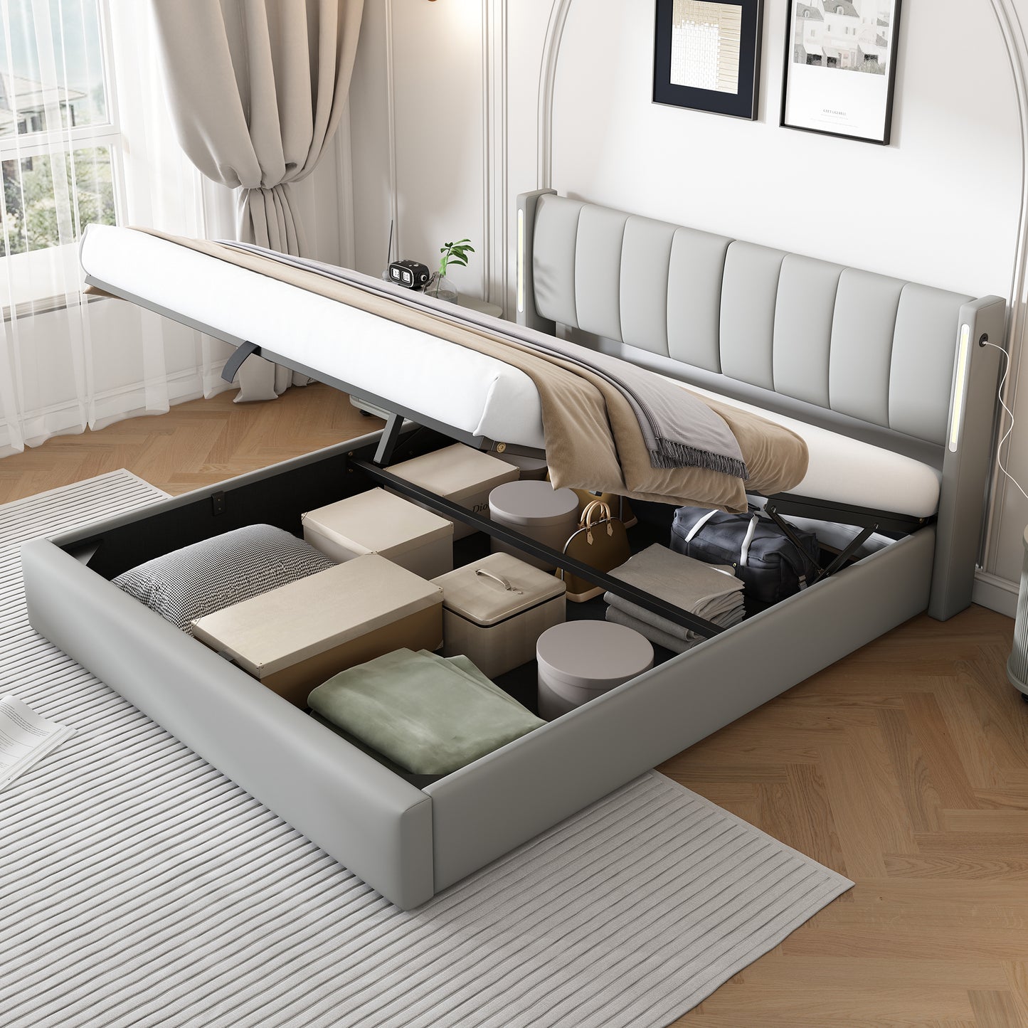 Binaural LED Upholstered Bed 140 X 200 Cm, Hydraulic Bed, Rechargeable USB Port In Bed, With LED Lighting, With Storage, Adjustable Headboard, PU, Grey