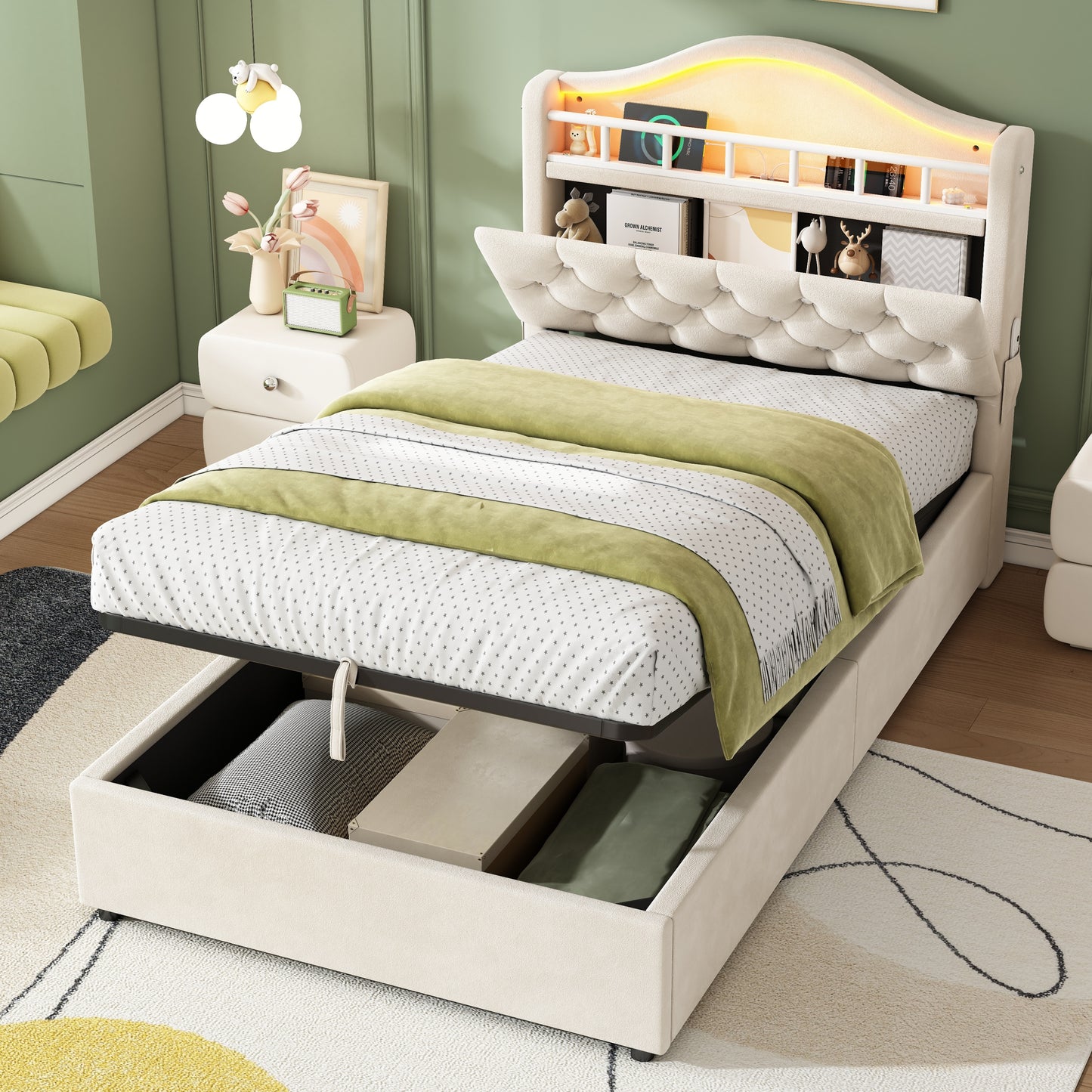 3ft Single Hydraulic Bed In Velvet, LED Bed Frame With Charging Station & Diamond Tufted Headboard, Multi-zone Storage, Solid & Stable Base,Beige  No Mattress