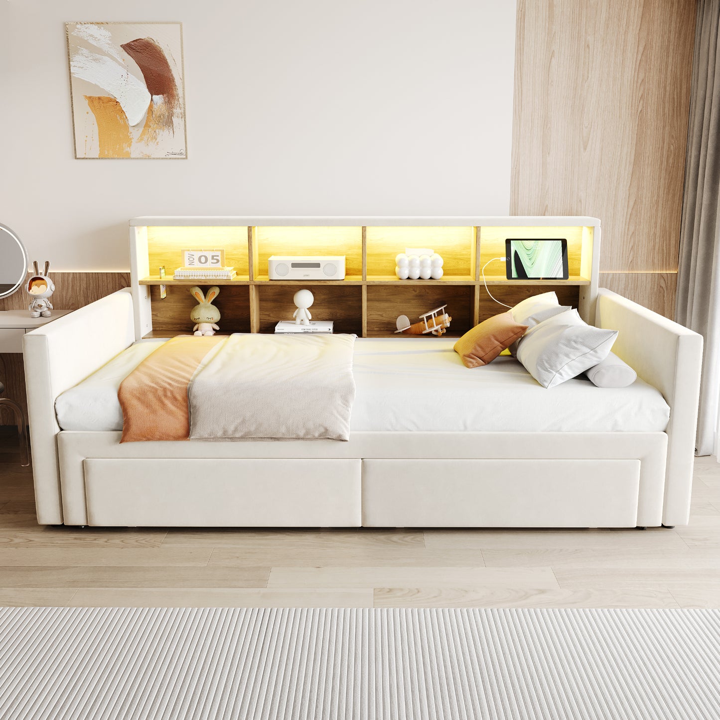Pull-out Upholstered Bed Sofa Bed 90-180 X190cm, Headboard With Integrated Storage Compartments, LED Light Strip And Charging Sockets, With Two Drawers And Slatted Frame, Velvet Fabric Beige