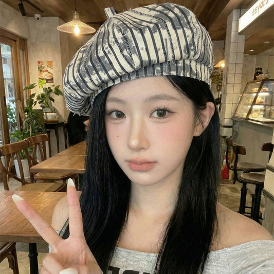 Retro Fashion Water-washed Distressed Octagonal Brimmed Beret With Faded Vertical Stripes - A Versatile Casual Hat For All Occasions