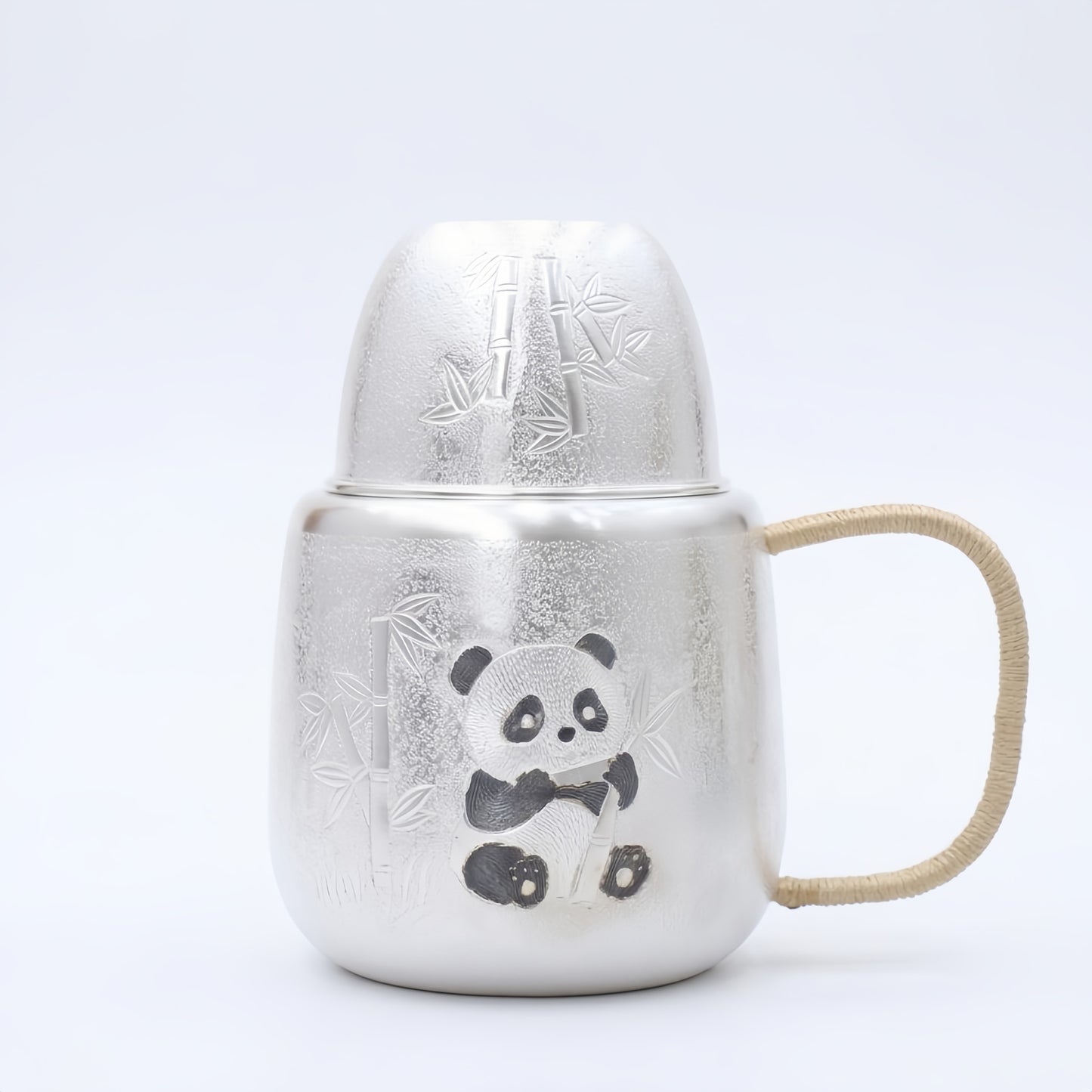 925 Sterling Silver Exquisite Silver Panda and Bamboo Tea Mug with Woven Handle and Matching Lid - Handicraft