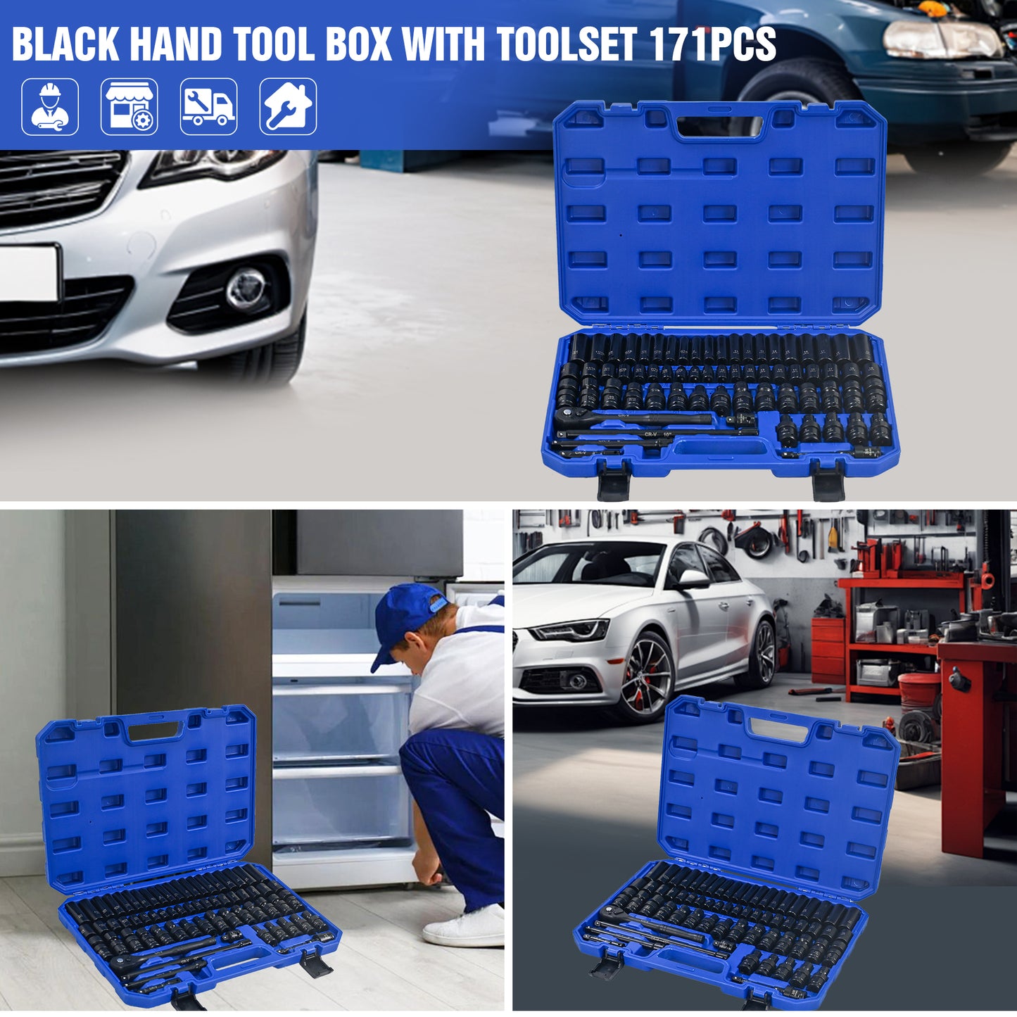 Air Tool And Accessories Kit, 67 Pieces, Long And Short Sets, Universal Short Sets, Extension Rods, Pneumatic Universal Connectors, Ratchet Wrenches, Quick Couplings-Black,Blue