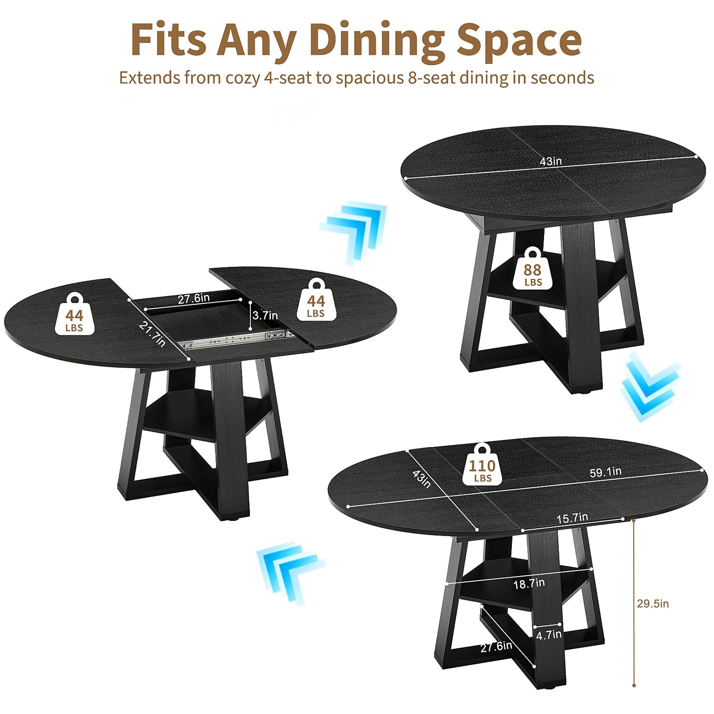 Extendable Oval Dining Table For 4-8, Modern Kitchen Table With Storage Shelf, Wood Pedestal, Space Saving Modern Style